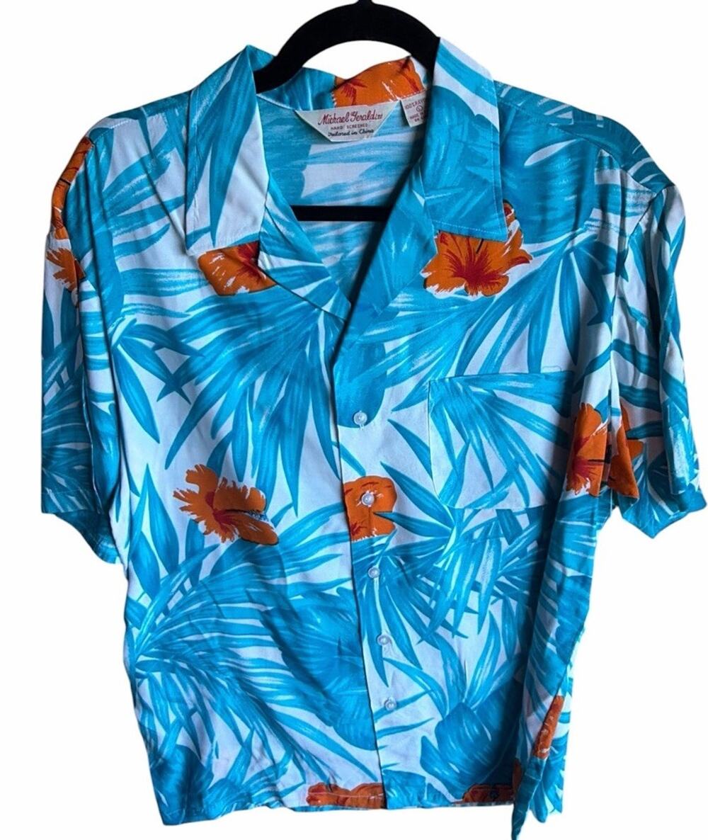 Vtg Michael Gerald Hawaiian Shirt Mens L Aloha Rayon Hand Screened Blue Orange